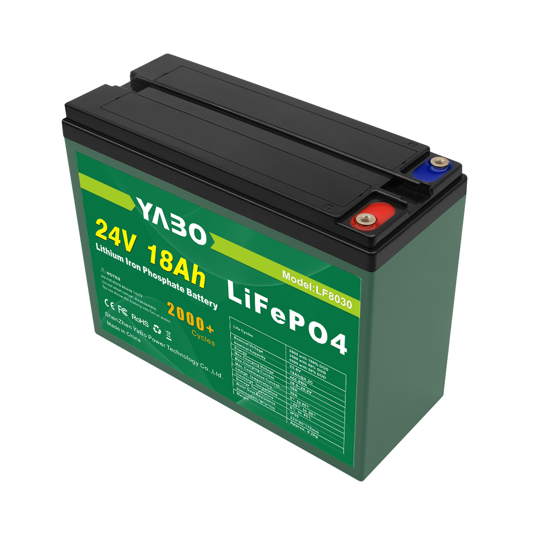 YABO 24V 18Ah LiFePO4 Lithium Iron Phosphate Battery – High Capacity, Long Life, Fast Charging